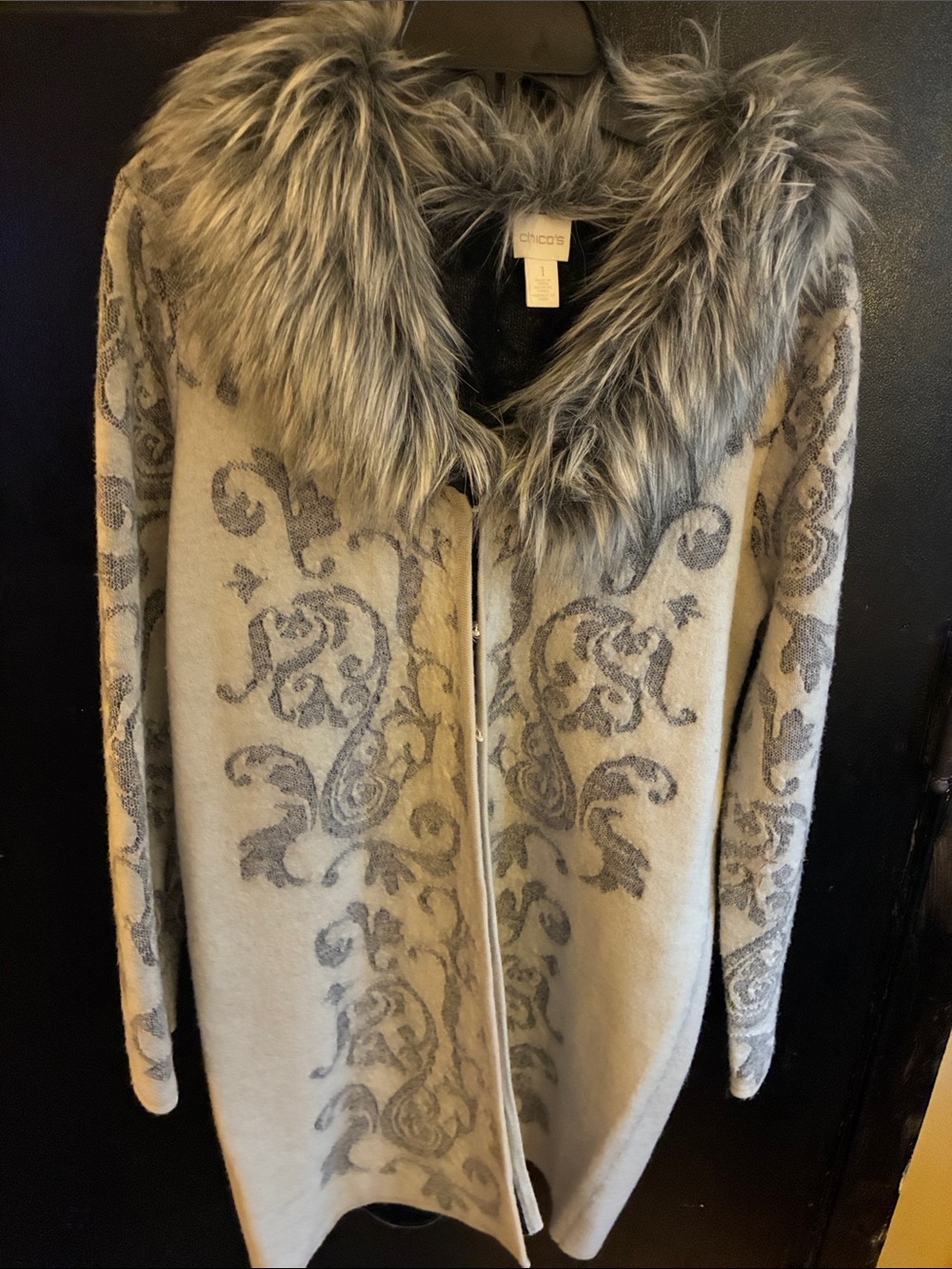Chico's Elsa wool sweater with faux fur collar small
